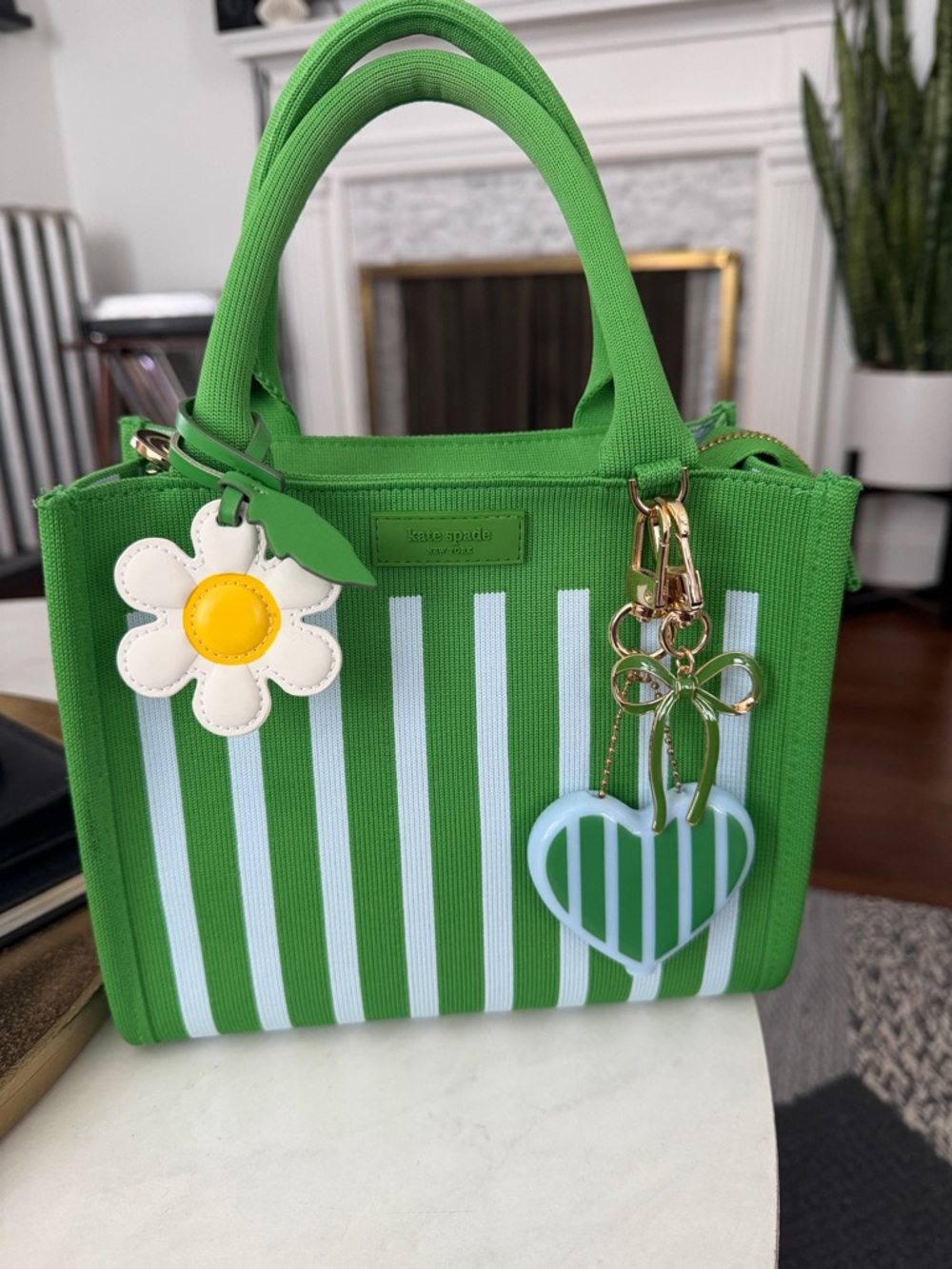 Kate Spade x Target green & white striped tote w/ floral, heart, and bow charms.